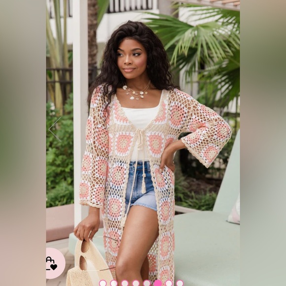 Pink Lily Sweaters - NWT Pink Lily Crochet Long Pink & Cream Cardigan! SZ- Medium 💕